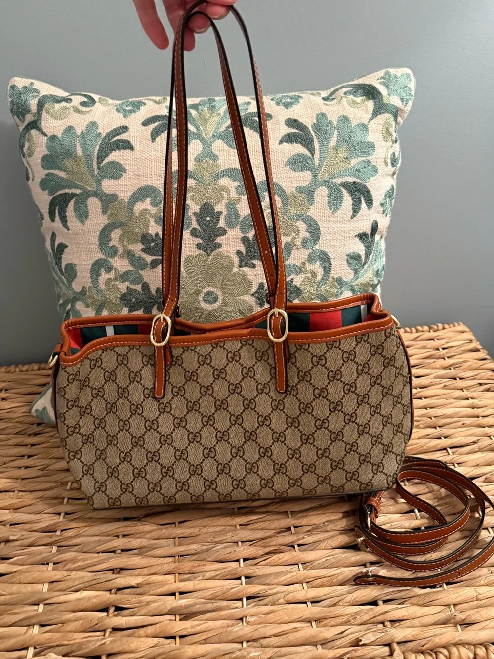 Beige GG Supreme Canvas Tote with Brown Leather Trim